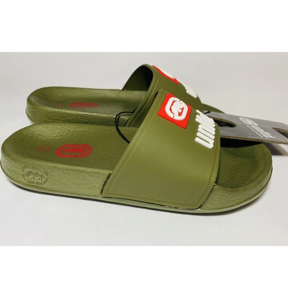 Ecko Boys Logo Pool Slides Size 1 Military Green Red NWT - Picture 5 of 7
